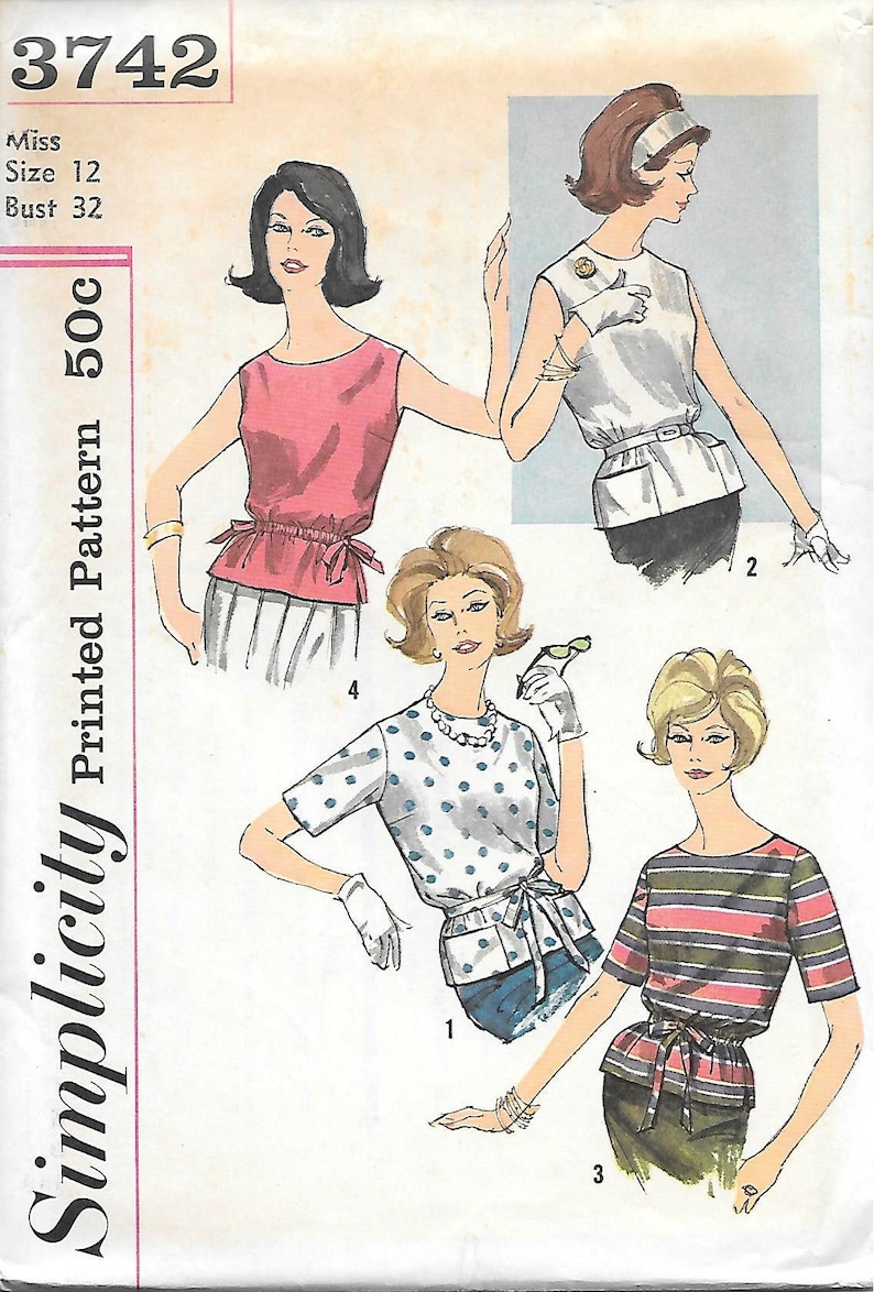 Close Out/ BOGO 1960s Simplicity 3742 Misses Pullover Tops Sleeveless or Short Sleeves Vintage Sewing Pattern Size 12 Bust 32 UNCUT image 1