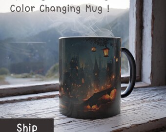 Halloween-kleur veranderende mok: Spooky Glow Village Pumpkin Lantern Coffee Cup