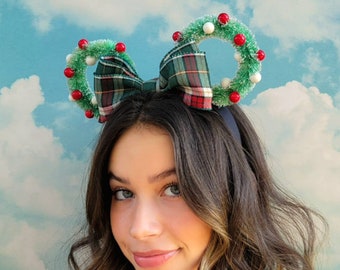 Green Plaid Christmas Wreath Mickey Ears | Christmas Mickey Ears | Chirstmas Mickey Headband | Holiday Mickey Mouse Ears