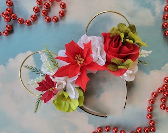 Christmas Ears | Red and Green Christmas Minnie Ears | Minnie Mouse Ears |Mickey Ears | Flower Crown Mickey Ears | Mickey Ear Headband