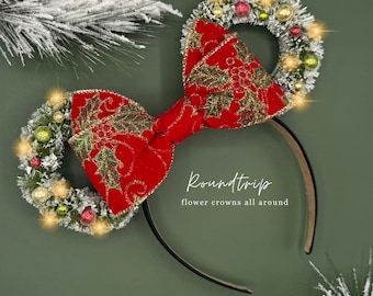 Christmas Mickey Ears: Lighted Wreath Ears with Velvet Bow