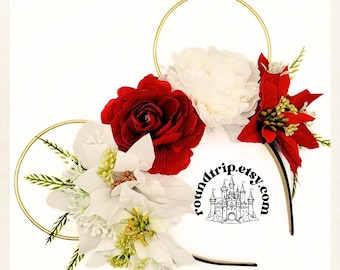 May include: Red and white floral Mickey Mouse ears headband with a gold wire frame and a black headband. The headband has a white castle graphic with the text "roundtrip.etsy.com".