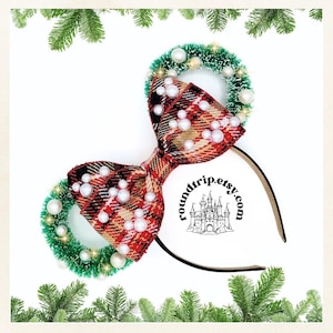 Plaid Christmas Mickey Ears: Holiday Wreath Headband