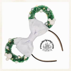 Flocked Christmas Wreath Mickey Ears: White Bow Holiday Headband