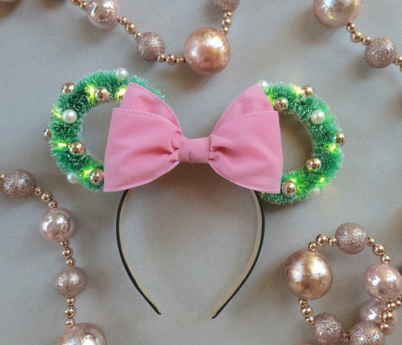 Soft Pink Flocked Christmas Wreath Mickey Ears | Christmas Mickey Ears | Chirstmas Mickey Headband | Holiday Mickey Mouse Ears