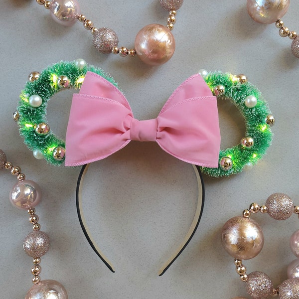 Soft Pink Flocked Christmas Wreath Mickey Ears | Christmas Mickey Ears | Chirstmas Mickey Headband | Holiday Mickey Mouse Ears