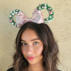 Christmas Minnie Ears Wreath Mickey Ears Pink Bow Ears Pink Bow Holiday Ears
