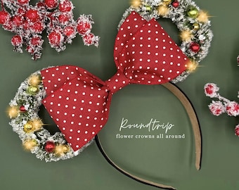 Christmas Minnie Ears: Flocked Wreath Holiday Mickey Ears