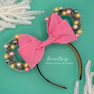 Pink Flocked Christmas Wreath Mickey Ears Headband