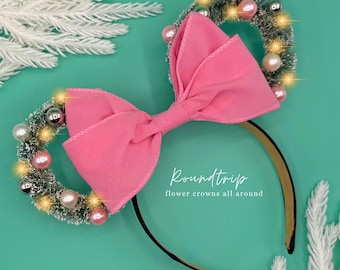Pink Flocked Christmas Wreath Mickey Ears Headband
