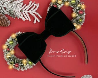 Green Velvet Christmas Mickey Ears: Lighted Holiday Wreaths