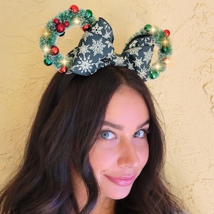 Lighted Christmas Mickey Ears: Green Snowflake Holiday Headband