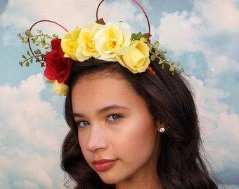 Red Wire Belle Mickey Ears | Flower Crown Ears | Beauty and the Beast | Wire Mickey Ears | Boho Ears | Floral Mickey Ears