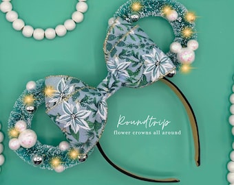 Blue Poinsettia Mickey Ears: Holiday Christmas Headband