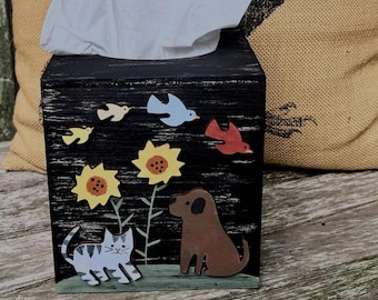 Hand Painted Rustic Dog & Cat TISSUE BOX COVER Primitive Distressed Black Wood