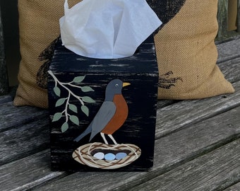 ROBIN & NEST Rustic Tissue Box Cover/Hand Painted Wood/Primitive/Distressed Black
