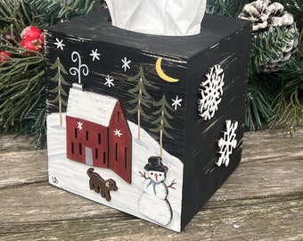 Winter Holiday Tissue Box Cover/Original Hand Painted Wood/Primitive/Folk Art/Farmhouse Christmas Decor/Three Sided Design