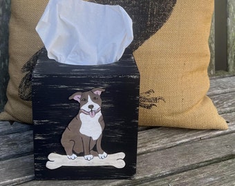 PIT BULL Tissue Box Cover/Hand Painted Wood/Distressed Black/Personalized