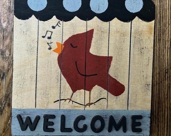 CARDINAL WELCOME SIGN/Original Hand Painted Wood/No Soliciting Sign