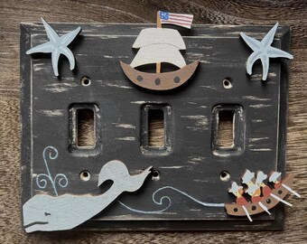Hand Painted Whale Wood Switch Plate Cover: Primitive Folk Art Nantucket Nautical Decor Any Size