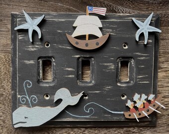 PRIMITIVE WHALE NANTUCKET Light Switch Plate Cover/Moby Dick/Whaling Ship/Distressed Black/Original Hand Painted Wood