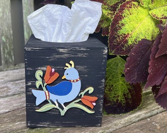 Quail Bird TISSUE BOX COVER Primitive Folk Art/Rustic Distressed Black/Hand Painted Wood/Primitive Bird