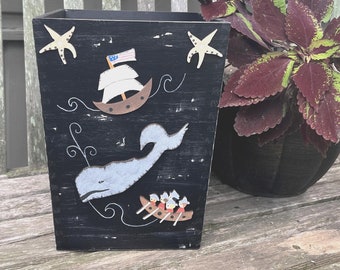 Whale Rustic Nautical Wood Waste Paper Basket/Whaling Ship/Moby Dick/Distressed Black/Hand Painted Wood