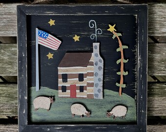 PRIMITIVE LOG CABIN Painting/Distressed Black/Hand Painted Wood