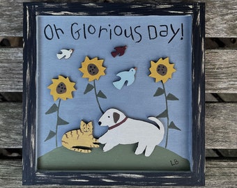 PRIMITIVE CAT & DOG Painting/Oh Glorious Day/Hand Painted Wood/Distressed Black Frame