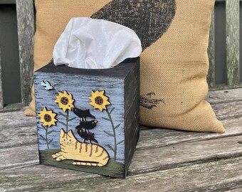 Primitive Cat & Crows TISSUE BOX COVER Sunflowers/Rustic Distressed black/Blue/Hand Painted Wood