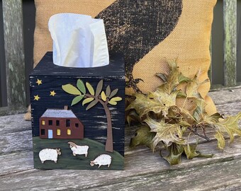 Rustic Salt Box House & Sheep TISSUE BOX COVER Willow Tree/Distressed Black/Hand Painted Wood
