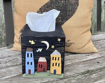 Salt Box Houses TISSUE BOX COVER Primitive Hand Painted Wood/Rustic Distressed Black
