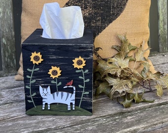 Rustic Cat & Sunflowers TISSUE BOX COVER Primitive Distressed Black/Hand Painted Wood