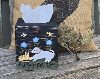 Rustic Dog & Cat TISSUE BOX COVER Forget Me Not Flowers/Primitive Distressed Black/Hand Painted Wood