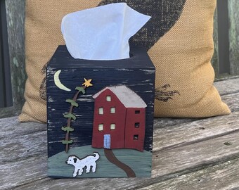 Rustic Primitive Salt Box House & Dog TISSUE BOX COVER Distressed Black/Hand Painted Wood