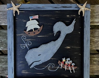 PRIMITIVE WHALE PAINTING/Distressed Black /Whaling Ship/Nantucket/New Bedford/Hand Painted Wood/Gray Whale