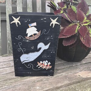 Whale Rustic Nautical Wood Waste Paper Basket/Whaling Ship/Moby Dick/Distressed Black/Hand Painted Wood image 1