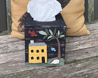 Rustic Primitive Salt Box House & Sheep TISSUE BOX COVER Tree/Birds/Distressed Black/Hand Painted Wood