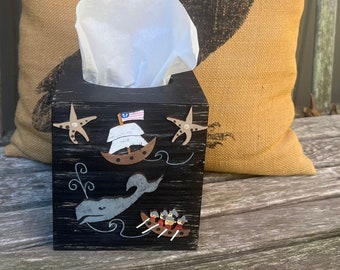 Whale Nautical TISSUE BOX COVER Whaling Ship/Nantucket/Moby Dick/Primitive Distressed Black/Hand Painted Wood