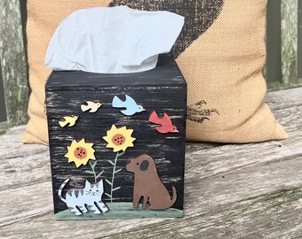 Rustic Dog & Cat TISSUE BOX COVER Primitive Distressed Black/Hand Painted Wood/Sunflowers