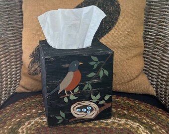 Robin & Nest TISSUE BOX COVER Rustic Primitive Distressed Black/Hand Painted Wood