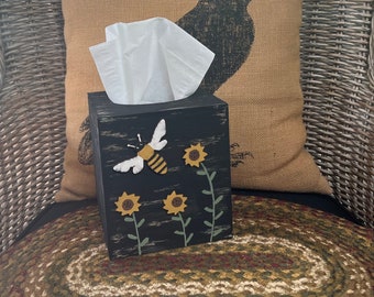 Bee & Sunflowers TISSUE BOX COVER Rustic Primitive Distressed Black/Hand Painted Wood