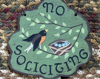 ROBIN BIRD & TREE No Soliciting Sign/Primitive Porch Decor/Original Hand Painted Wood