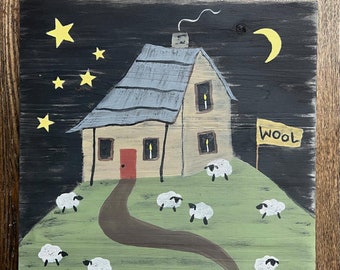 PRIMITIVE WOOD PAINTING/Wool Farm/Sheep/Original Painting