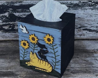 Hand Painted Primitive Cat & Crows Wood Tissue Box Cover Primitive Folk Art