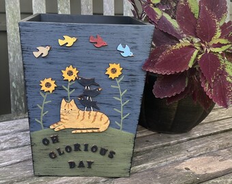 Cat & Crows Rustic Wood Waste Paper Basket/Sunflowers/Oh Glorious Day/Hand Painted Wood/Primitive Country Decor