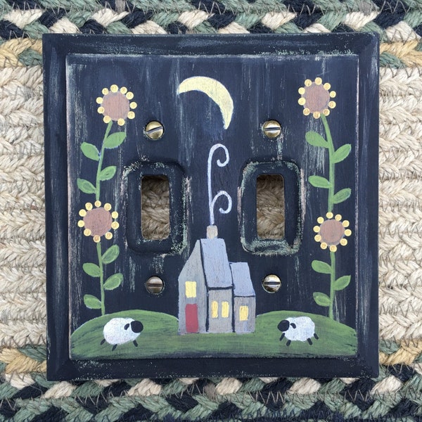 PRIMITIVE SHEEP Light Switch Plate Cover/Sunflowers/Salt Box House/Distressed Black/Original Hand Painted Wood