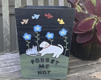 Dog & Cat Rustic Wood Waste Paper Basket/Forget Me Not/Birds/Hand Painted Wood/Black/Primitive Country Decor