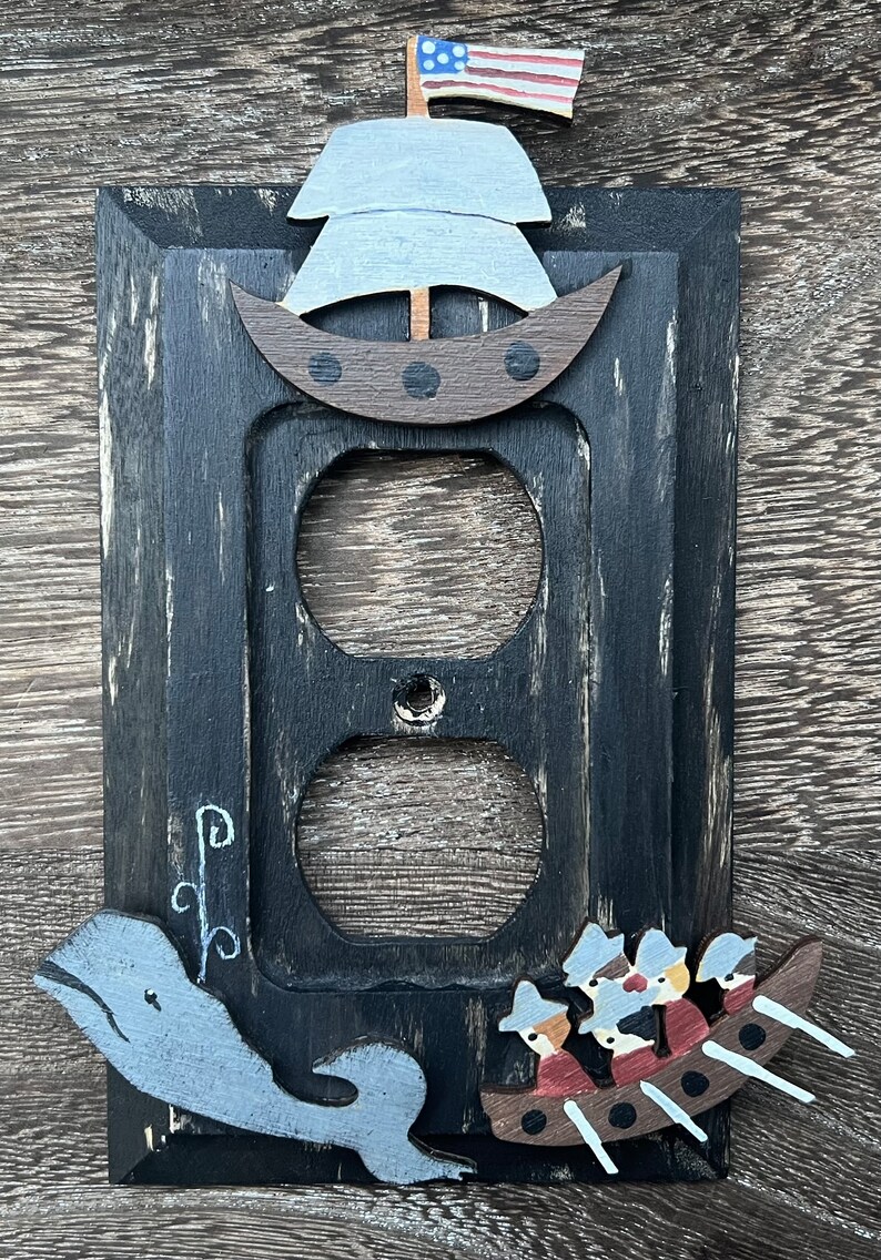 PRIMITIVE WHALE NANTUCKET Light Switch Plate Cover/Moby Dick/Whaling Ship/Distressed Black/Original Hand Painted Wood image 3