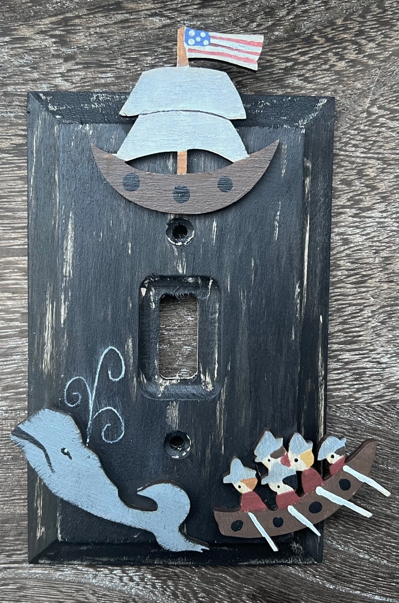 PRIMITIVE WHALE NANTUCKET Light Switch Plate Cover/Moby Dick/Whaling Ship/Distressed Black/Original Hand Painted Wood image 2
